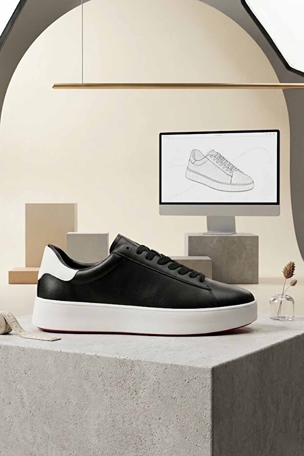 Men's Black/White/Orange Detailed Genuine Leather Sneakers - Casual Daily Shoes Lfn-541