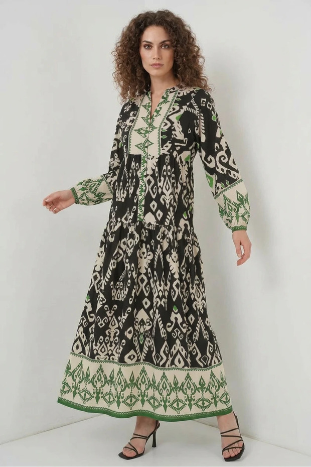 Women's Hakim Collar Long Authentic Patterned Viscose Black Green Hijab Dress