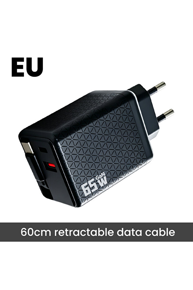 شاحن هاتف محمول أسود من نوع EU Twitch بقوة 65 واط مع كابل USB C قابل للسحب