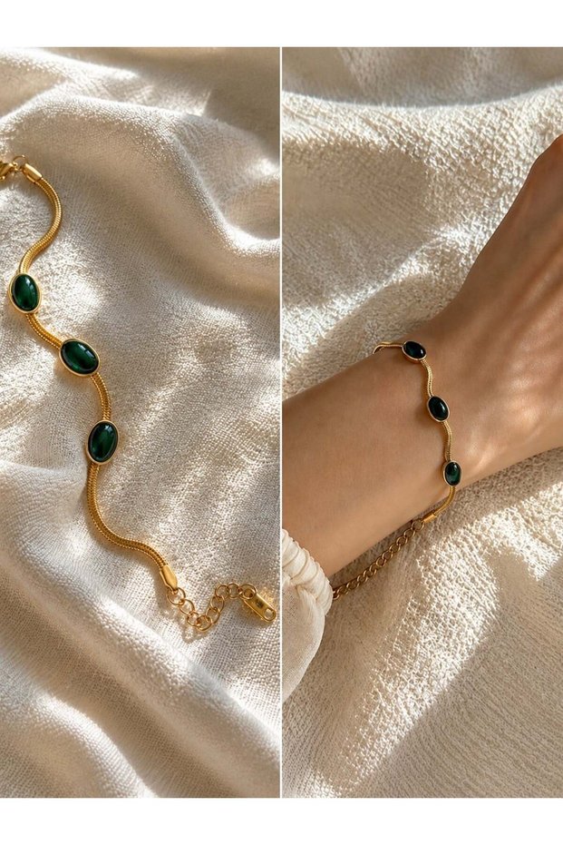 Vintage Style Stone Detailed Gold Color Bracelet for Women Dark Green