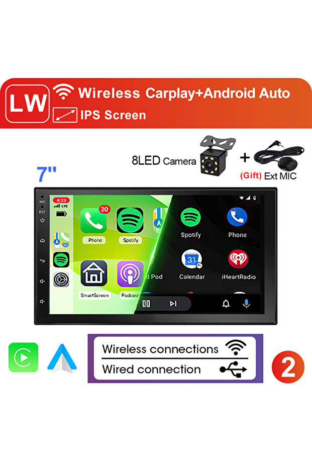 راديو سيارة لاسلكي XIMA Universa 7 بوصة بنظام لينكس مع دعم CarPlay وAndroid Auto، موديل Wirele-7033-MIC-8LED