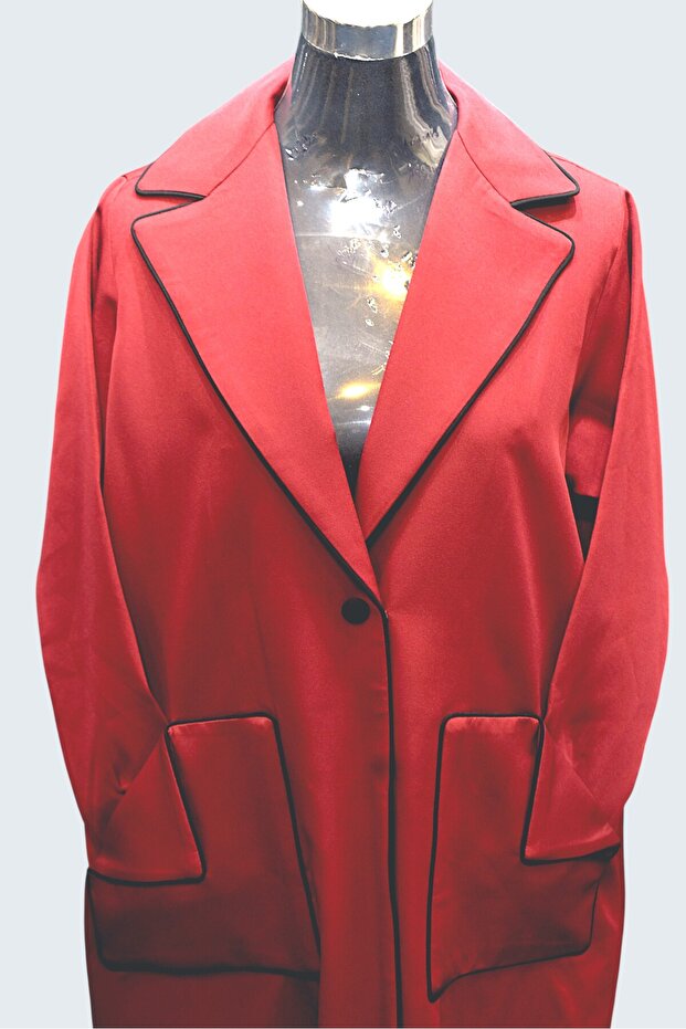 Women's Contrast Trim Long Abaya Coat with Pockets