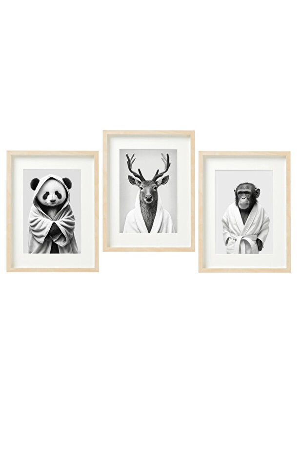 set of 3, Animals ( Panda - Deer - Chimp) in Bathrope , Bathroom Wall Art, Nursery Poster with Frame 30x40cm