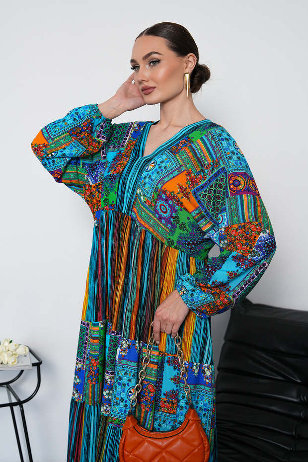 Rochie cu mânecă lungă, tip patchwork, lungime completă - 2