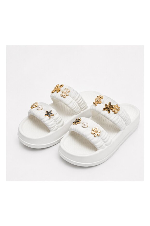 Women's Cream Gold Accessory Thick Sole Daily Slippers