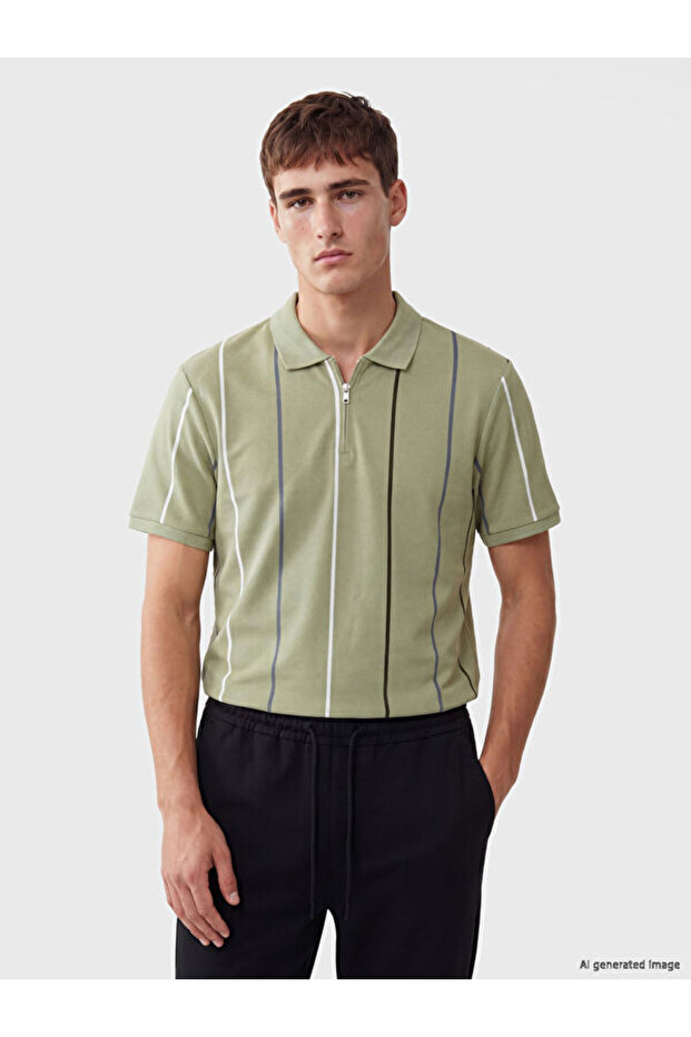 Esvab • Modern & Distinctive Devrik Roba Collar Striped Pique Men's T-Shirt