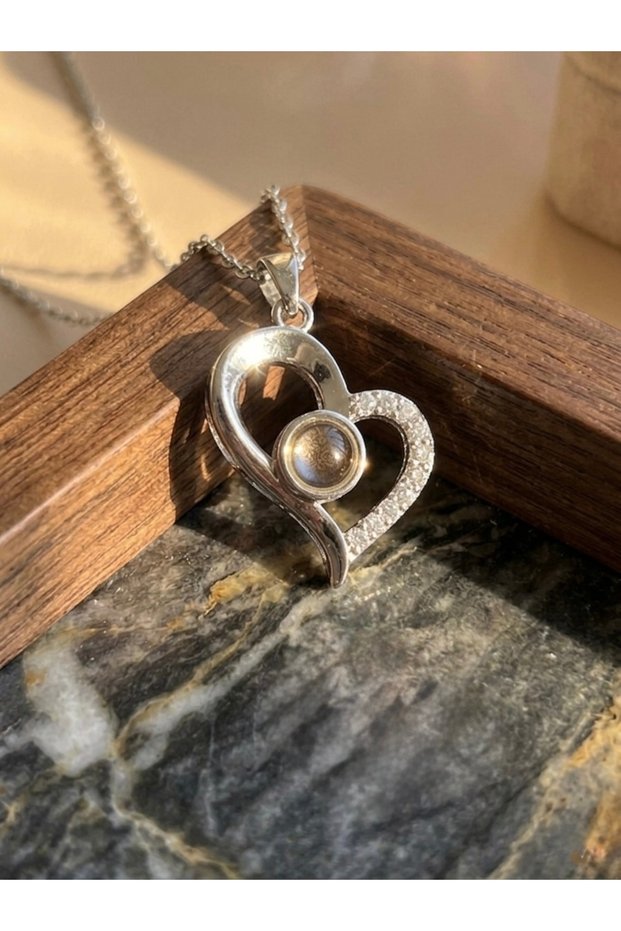 I Love You in 100 Languages Projection Asymmetric Heart Silver Color Steel Necklace