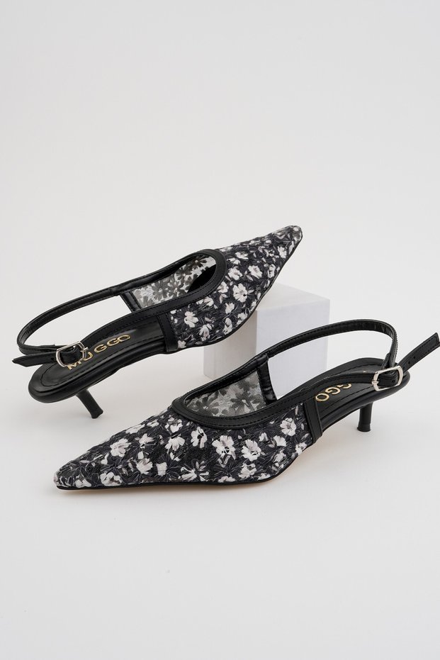 Spri̇ng Floral Patterned Tulle Textured Pointed Toe Open Back Women's Heeled Shoes