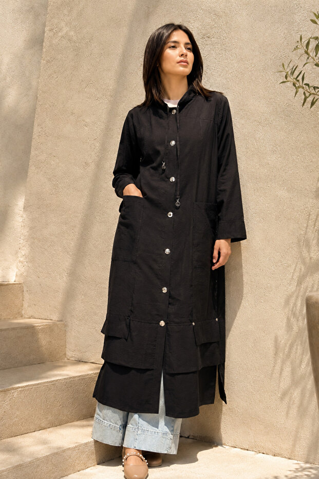 Safari Cap with Lace-Up Collar and Snap Fasteners on the Front 811 Black