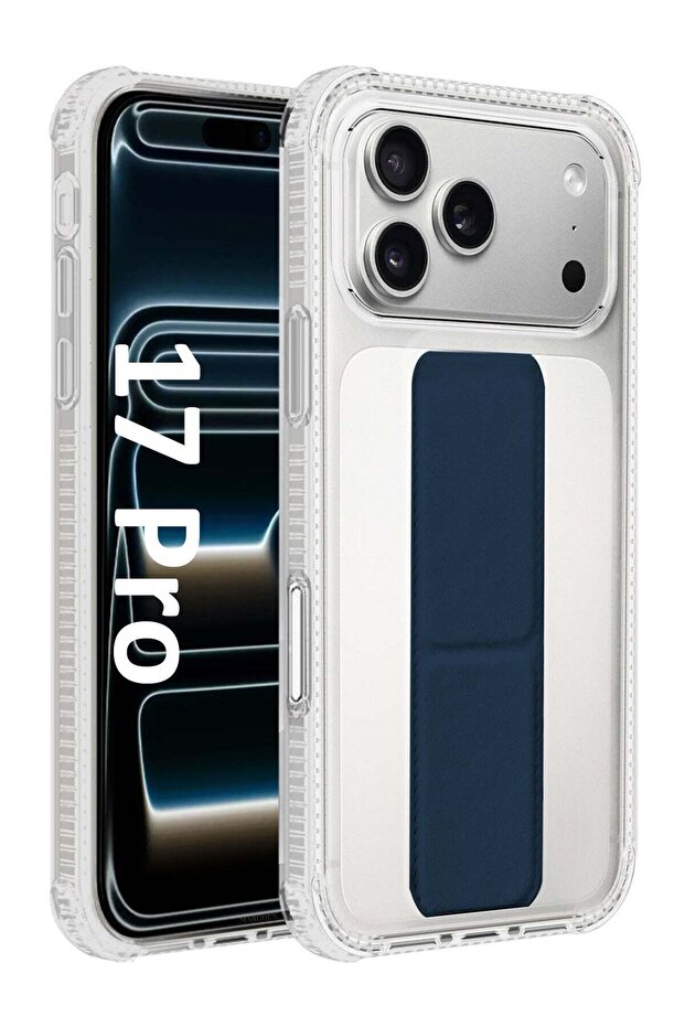 Finger Grip Clear Case Cover for iPhone 17 Pro- Kickstand Car Magnetic Holder Multi-function Protective Two-in-one Case - Dark Blue