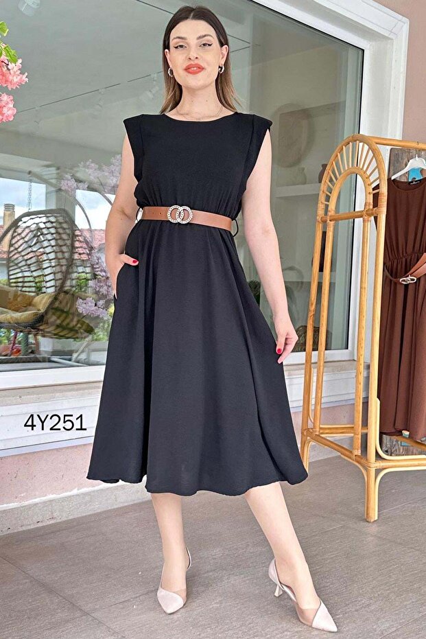 Padded Belted Midi Dress Comfortable Fit