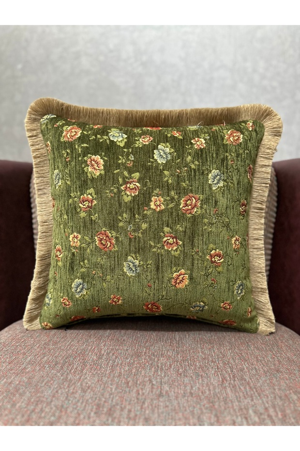 Tapestry Woven Linen Green Color Tasseled Cushion Cover 43X43Cm