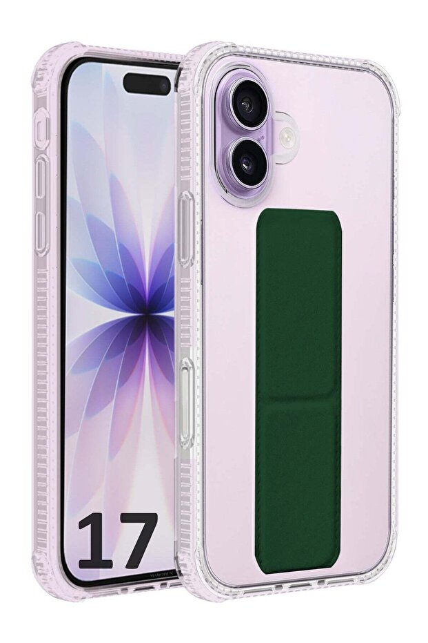 Finger Grip Clear Case Cover for iPhone 17- Kickstand Car Magnetic Holder Multi-function Protective Two-in-one Case - Dark Green-1