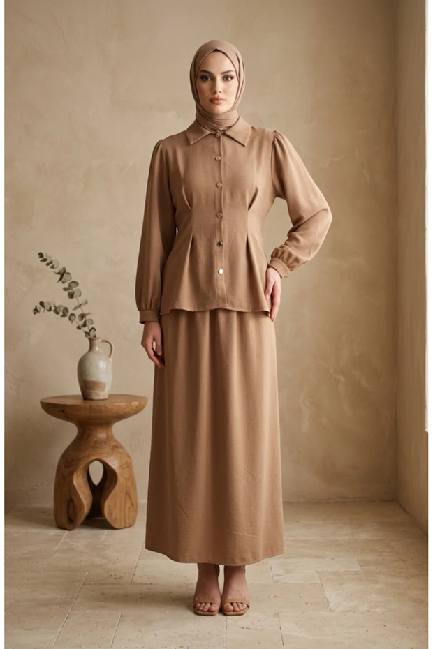 Linen Buttoned Tunic Skirt Double Set 0277-03 Milk Coffee