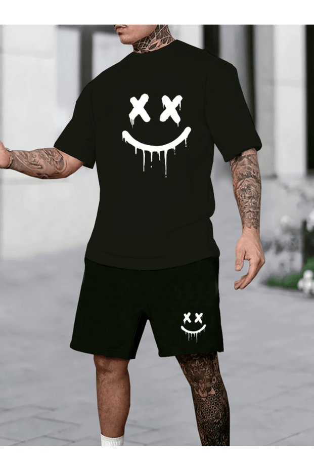 White smiling face printed men's premium oversize top and bottom set t-shirt and shorts set