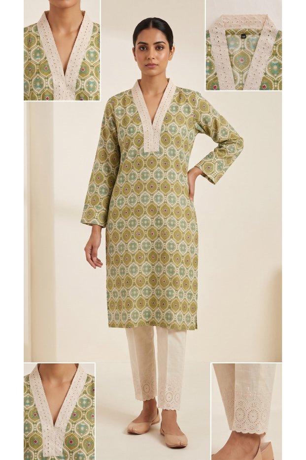 Women's Sage Green Geometric Print Straight Kurta Set with V-Neck Lace Detail and Embroidered Trousers (2-Piece Set, No Dupatta)