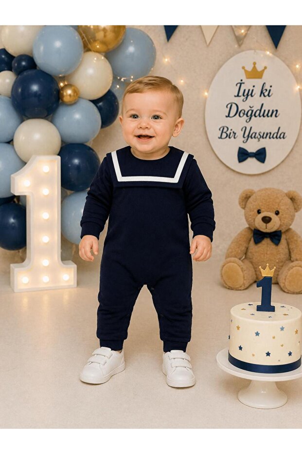 Baby Boy Hooded Winter Sailor Collar Snap-On Romper