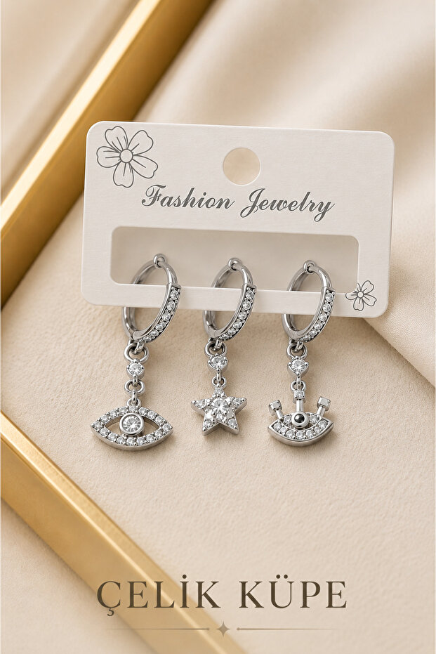 Zircon Stone Gray Color Steel 3-Piece Earring Set - Evil Eye and Star