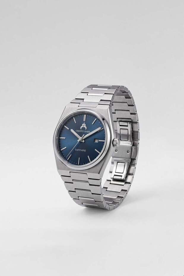 Men's Analog Steel Band Wristwatch Silver/Navy Blue