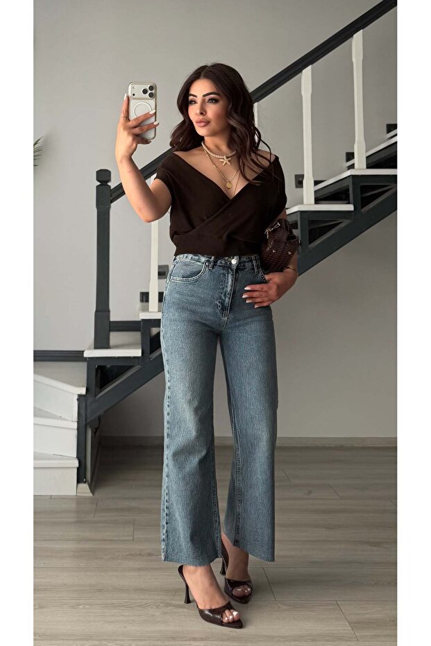 Blue lycra cut leg flare jeans