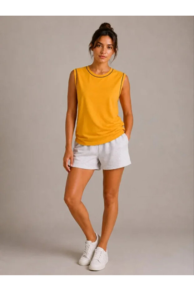 Contrast Piping Sleeveless Athlete T-Shirt with Crew Neck Summer Basic Athlete T-Shirt - Yellow