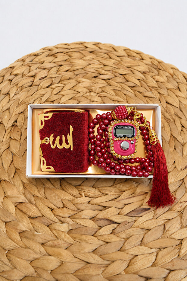 Stone Zikirmatik Pearl Prayer Beads Mini Quran Set Gift Mevlit Prayer Beads Set Red