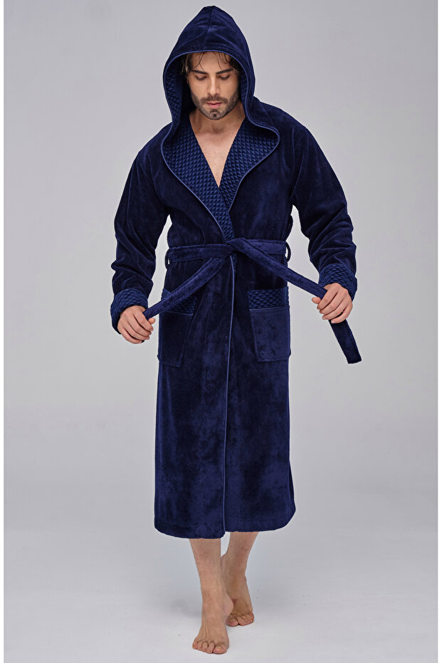 Men's Hooded Collar Pyramid Bamboo Cotton Soft Absorbent Luxury Bathrobe