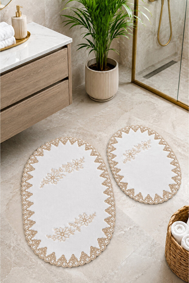 Gold 2-Piece French Lace Luxury Bath Mat Non-Slip Dowry Oval Bath Mat Set Lauris