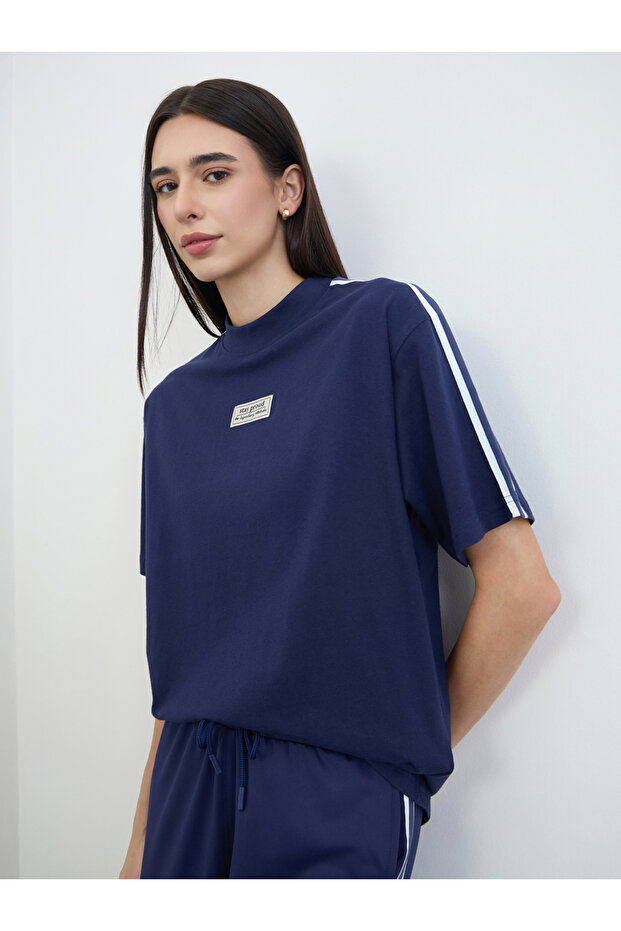 Navy Blue Badge Detail Oversized T-Shirt