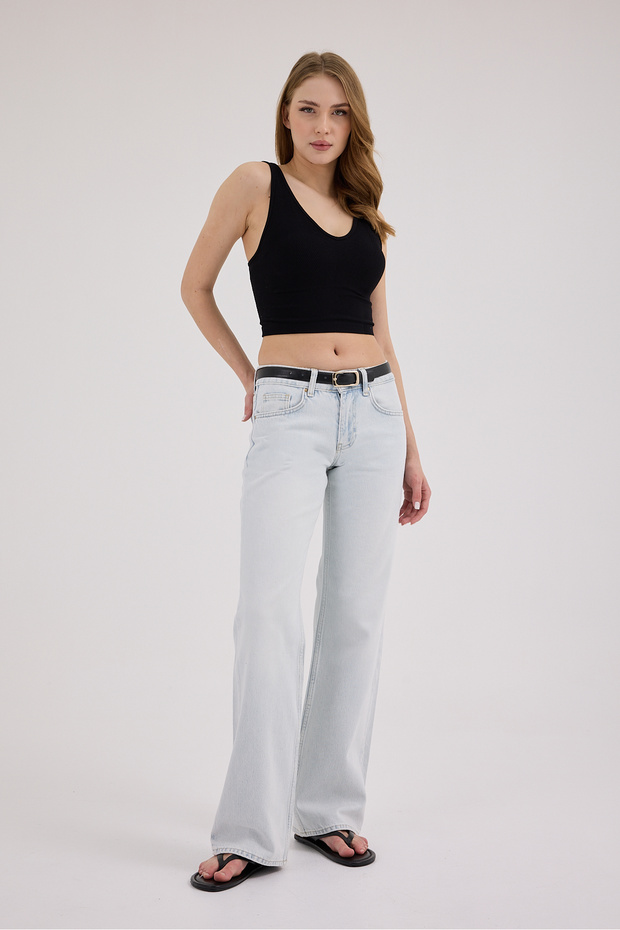 Women's Light Blue Low Waist Wide Leg Jean Trousers – 100% Cotton Long Denim