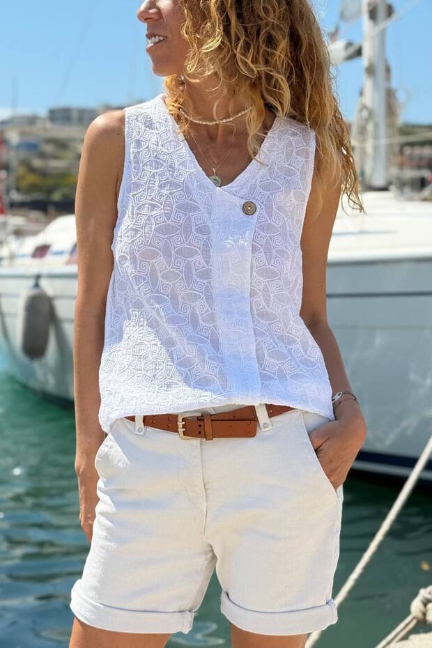 White Buttoned Collar Sleeveless Washable Embroidered Cotton Woven Blouse 60 45