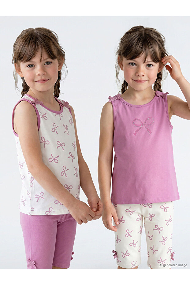 Gencc Quality Bowknot Printed Girls' Undershirt 2-Piece Set