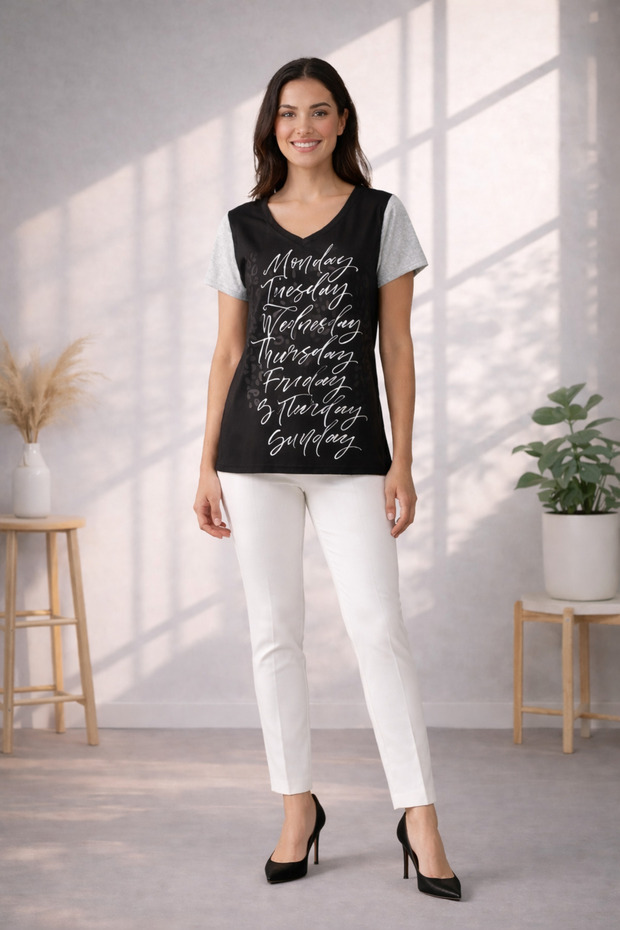 Text Printed Women's T-Shirt 25Y46005-Black-99