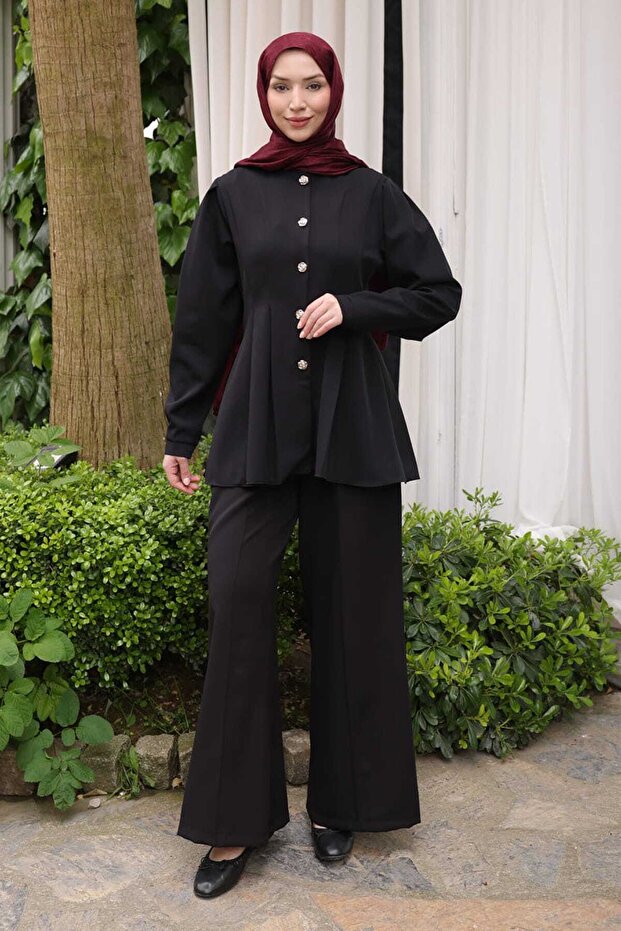 Black Jacket and Trousers Set with Stitching Detail