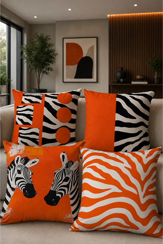 غطاء وسادة مزخرف بنمط الحمار الوحشي البرتقالي، طقم وسائد أريكة عصرية لغرفة المعيشة (ثنائي الجوانب)