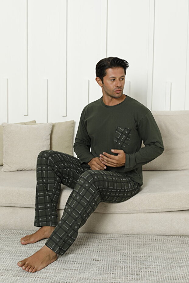 Men's 100% Organic Natural Cotton Plaid Pocket Detailed High Quality Long Sleeve Quality Pajama Set