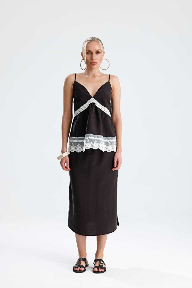Canella Lace Detailed Strappy Blouse Midi Skirt Brown Set