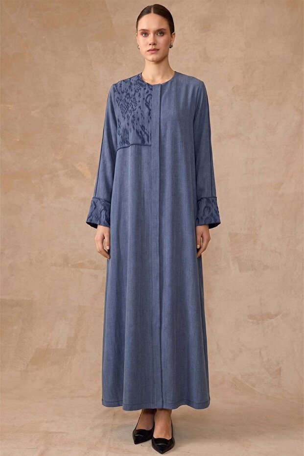 Pattern and Stone Detailed Cupra Silk Robe Dark Blue 6855
