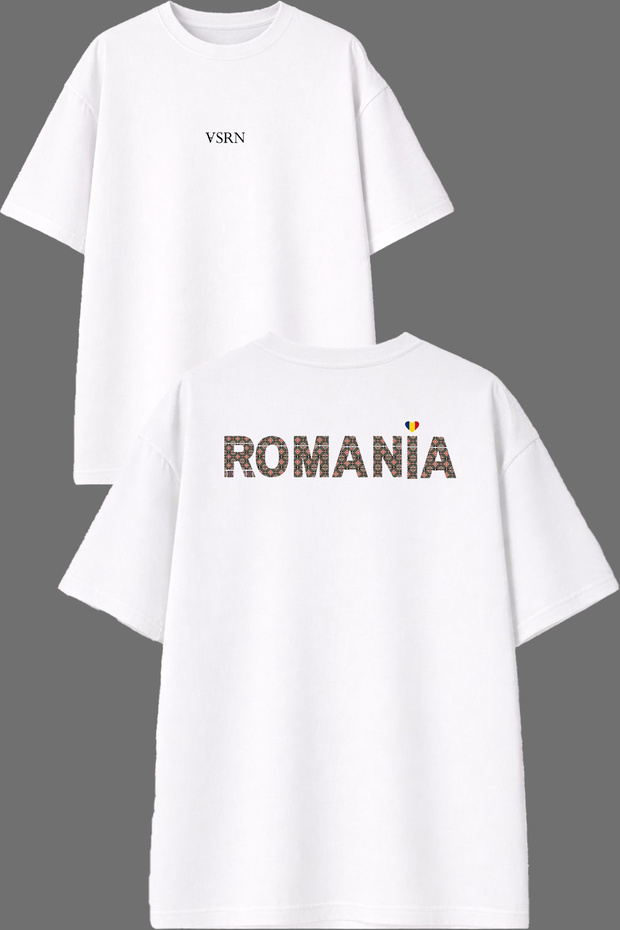 Heart Romania Design Front and Back Printed White Oversize T-Shirt