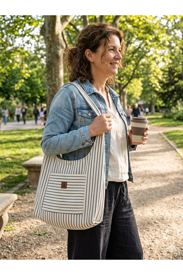 Striped Canvas Saddlebag Shoulder Bag, Striped Casual Bag with Pockets, Beach Bag