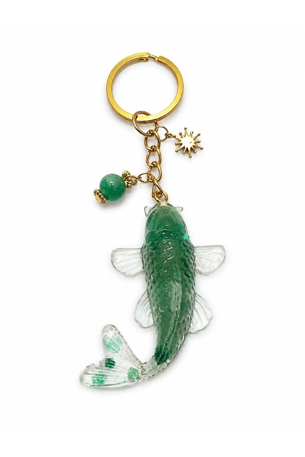 Aventurine Stone Koi Fish Keychain | Handmade Epoxy Gold Luck Abundance Accessory