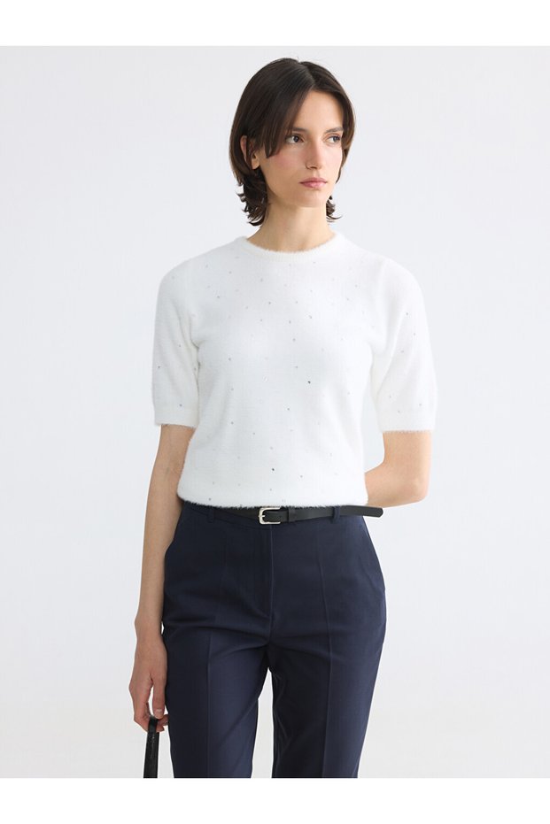 Ozmarka New Season White Crew Neck Stoned Women's Knitwear Sweater
