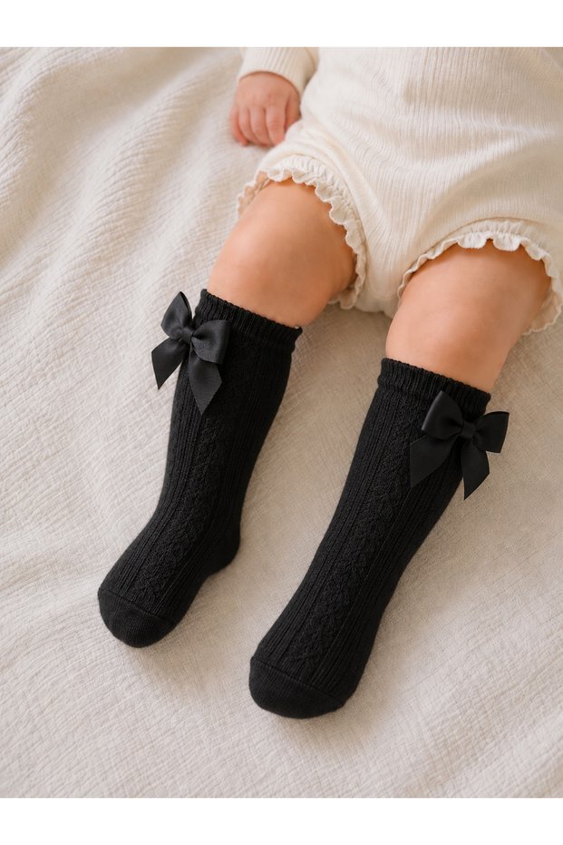Baby Girl Knee-Length Heelless Cotton Socks with Bow