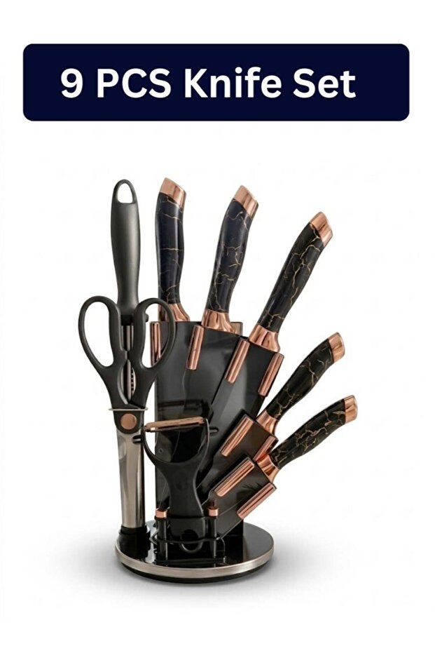 9-Piece Kitchen Knife Set | Rotating Stand & Built-in Sharpener | Stainless Steel Chef Knife