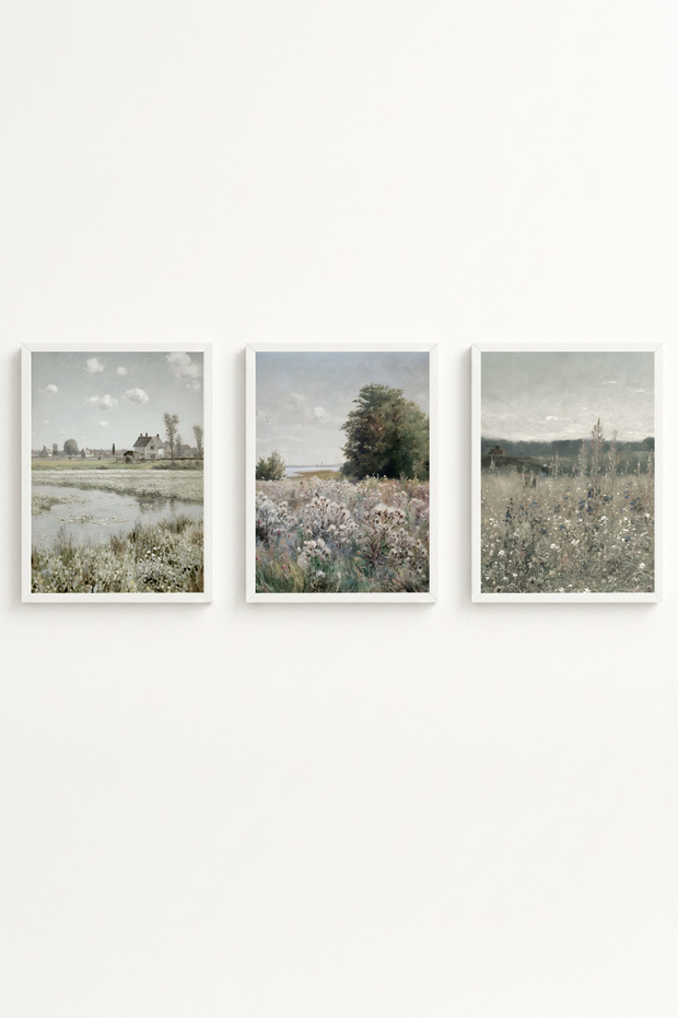 White Wooden Framed Nature View 3-Piece Painting Set Huhu655