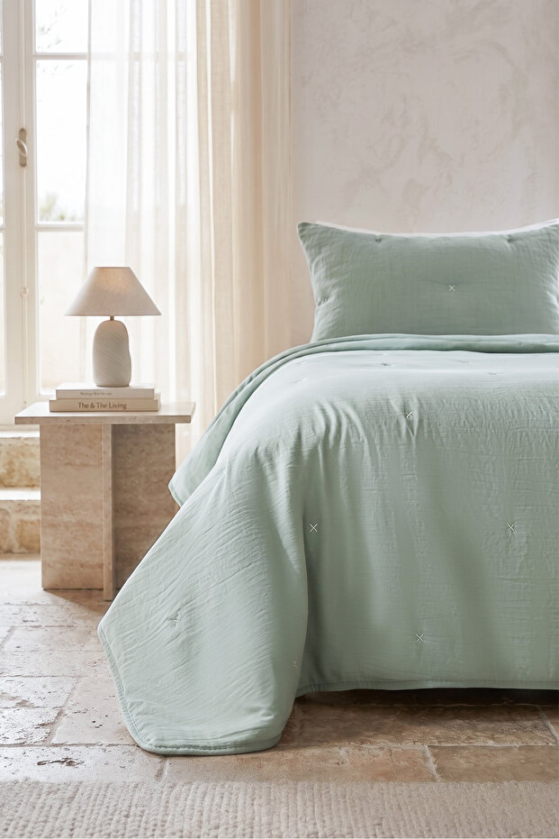 Embroidered Mint Single Bedspread Set 1 Piece 180X230/1 Piece 50X70
