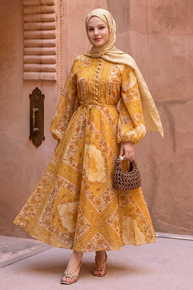 Button Detail Authentic Yellow Dress