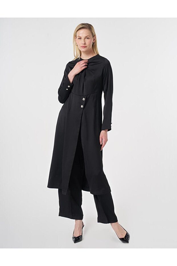 Shiny Buttoned Satin Stylish Suit Black