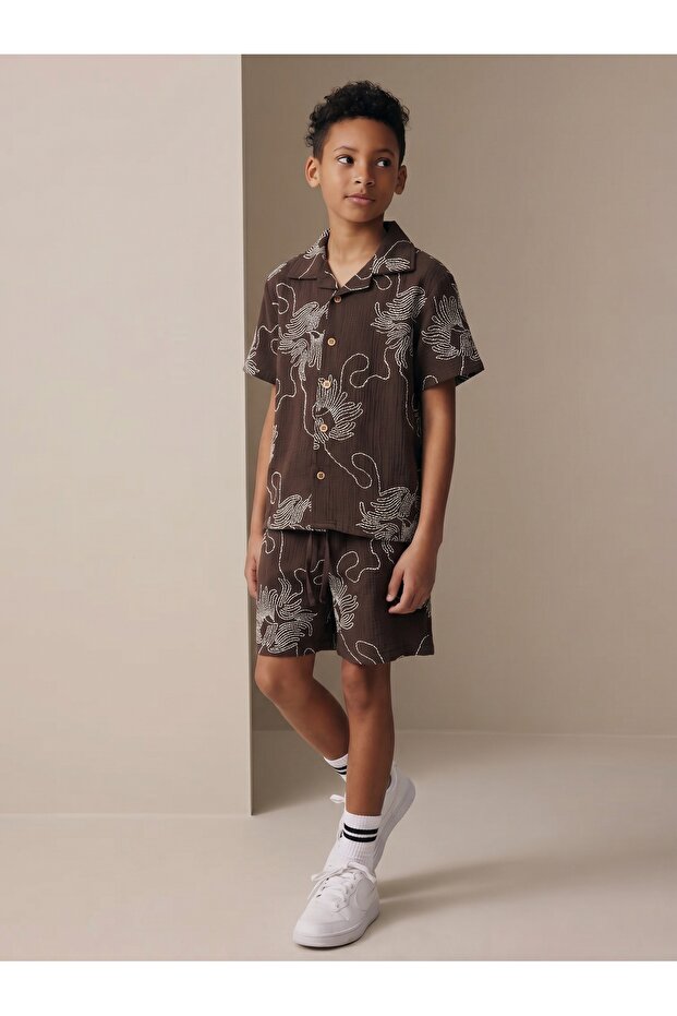 Boy's Muslin Shirt and Shorts 2-Piece Set Brown