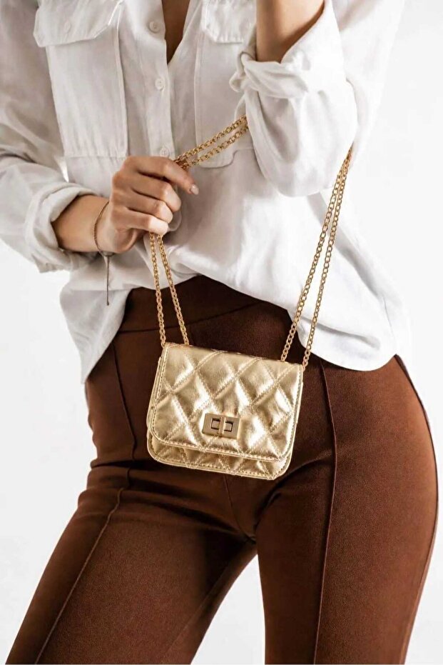 Women's Chain Strap Diamond Pattern Shoulder Crossbody Bag Gold